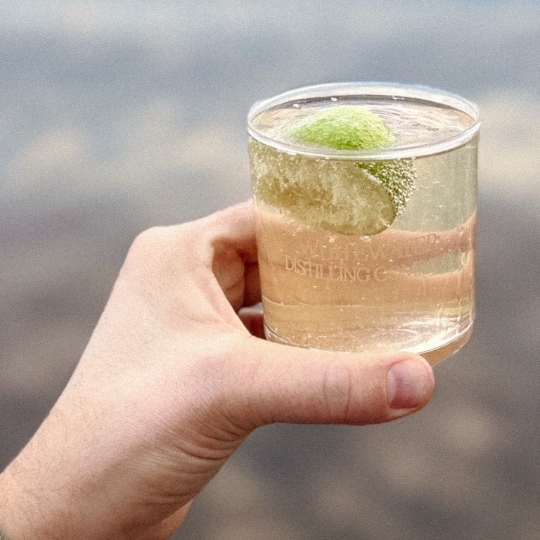A hand holding a clear glass tumbler filled with a pale pink beverage and a green lime wedge, against a blurred outdoor background.